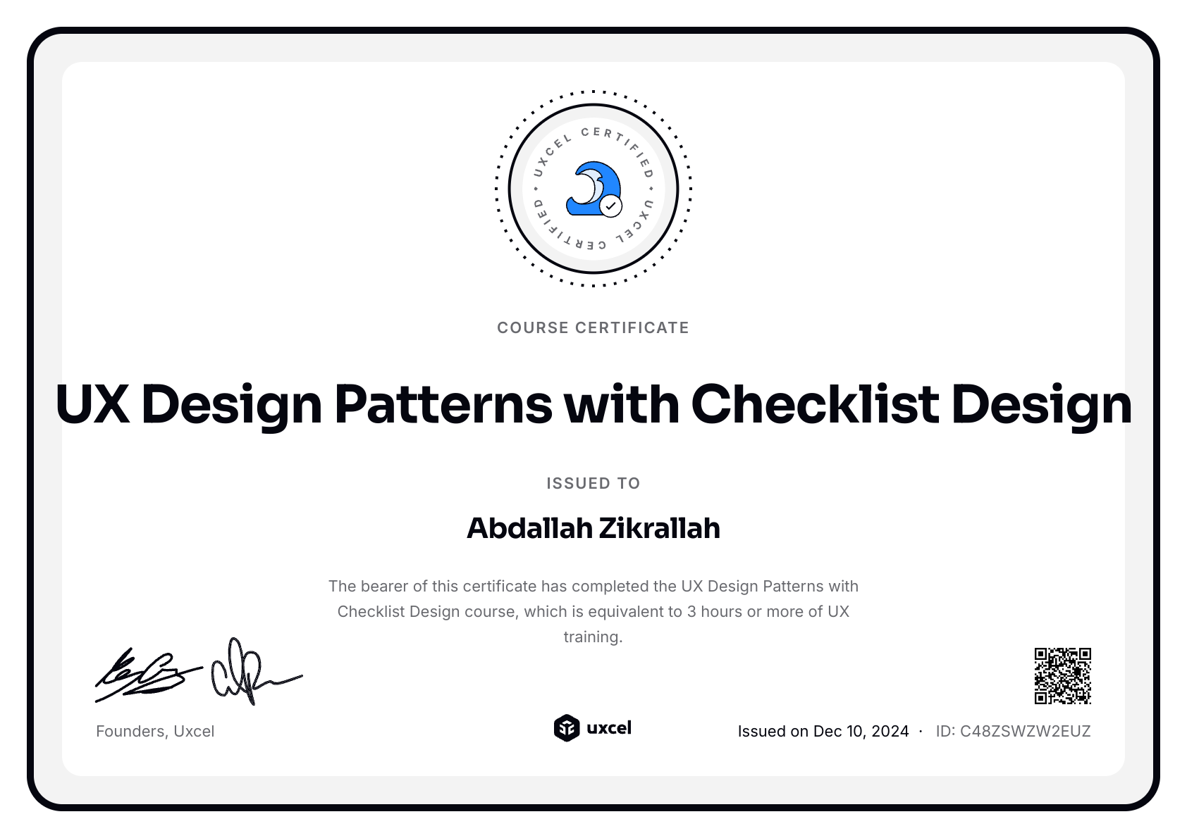 Abdallah Zikrallah's certificate